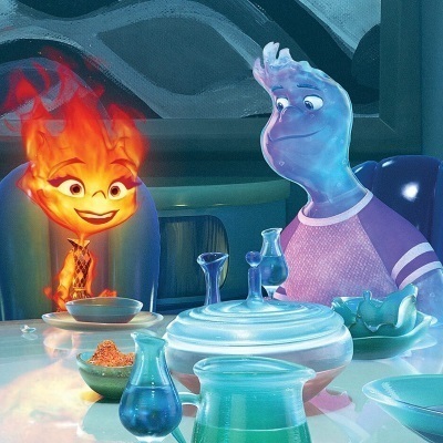 An animation of a fire and water character eating a meal together.