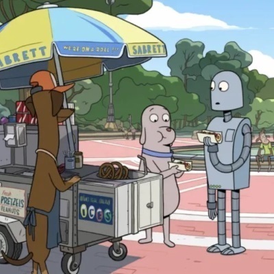 A cartoon of a dog and a robot eating a hotdog.