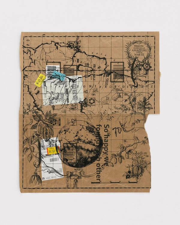 A mixed-media artwork on a crumpled piece of brown paper resembling a map. Black ink illustrations of plants, a celestial body, and map markings cover the surface. Shipping labels, barcodes, and recycling symbols are collaged onto the paper. Text fragments such as "MARTE," "RECYCLABLE," and the phrase "So happy we found each other" are visible, adding layers of meaning to the composition. A grid pattern and numerical markings suggest cartographic elements.