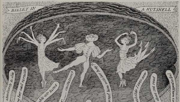 a black and white sketch depicting three ballet dancers.