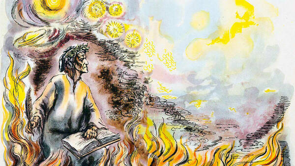 A detailed illustration shows Dante Alighieri in a white robe and laurel wreath, standing amid yellow and orange flames with an open book in his hands. The background is a mix of swirling clouds and celestial bodies.