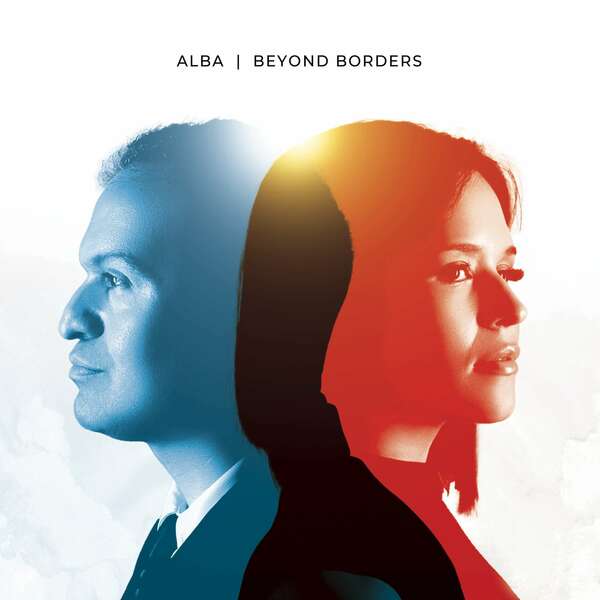 Profile view of a man and woman facing opposite directions. The man, tinted blue, appears on the left. The woman, tinted red, appears on the right.  Light shines between them. The words "ALBA | BEYOND BORDERS" appear above.
