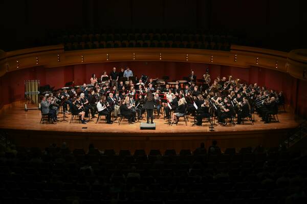 The ND University Band performs on stage at the DeBartolo Performing Arts Center at one of its concerts