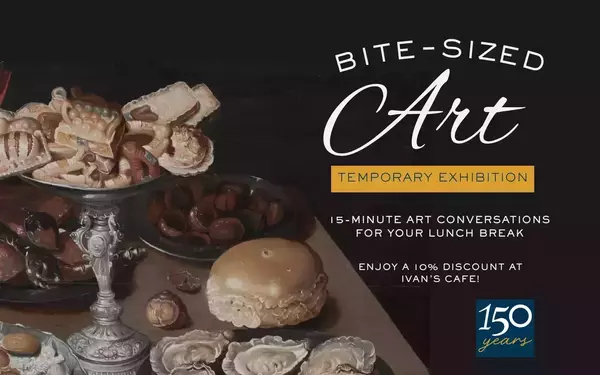 Classical still life painting: pastries, dark fruit, oysters. Graphic for 'Bite-Sized Art' exhibition.