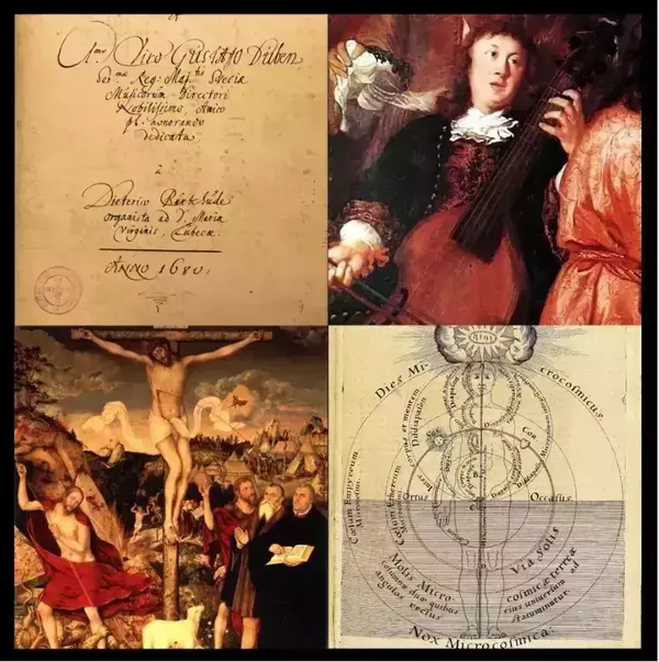 Images (left to right, top to bottom): Dieterich Buxtehude, detail from manuscript dedication-page, Membra Jesu nostri (1680); Johannes Voorhout, detail from Musical Party (1674); Lucas Cranach the Younger, detail from center panel of the Weimar Altarpiece (1555); Robert Fludd, image of man as the microcosm, Utriusque cosmi, vol. II (1619).