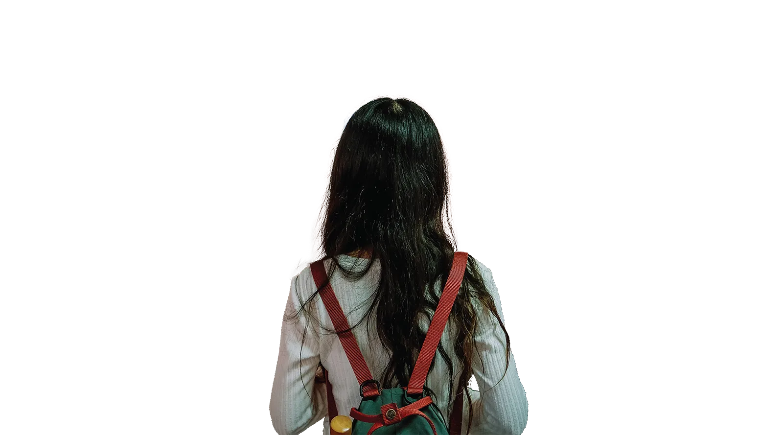 Back view of a woman with long black hair and a backpack